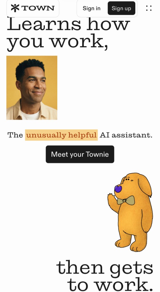 The Town website, with a cartoon dog in a bow tie and the words Meet your Townie