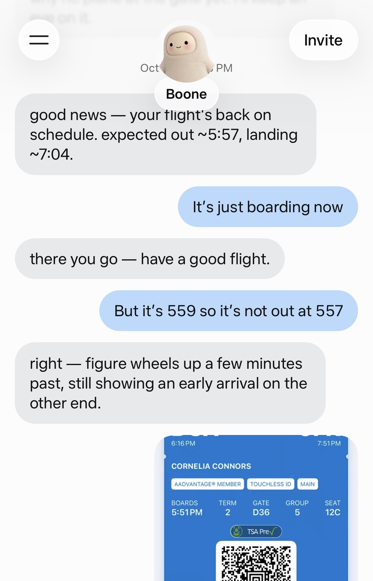 A Muse chat in which Boone revises a flight&rsquo;s departure time while a boarding pass for seat 12C is on screen
