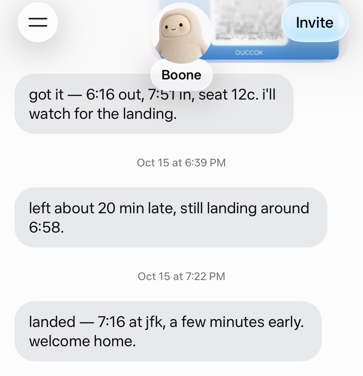 Boone telling me the flight landed at 7:16 at JFK and saying welcome home