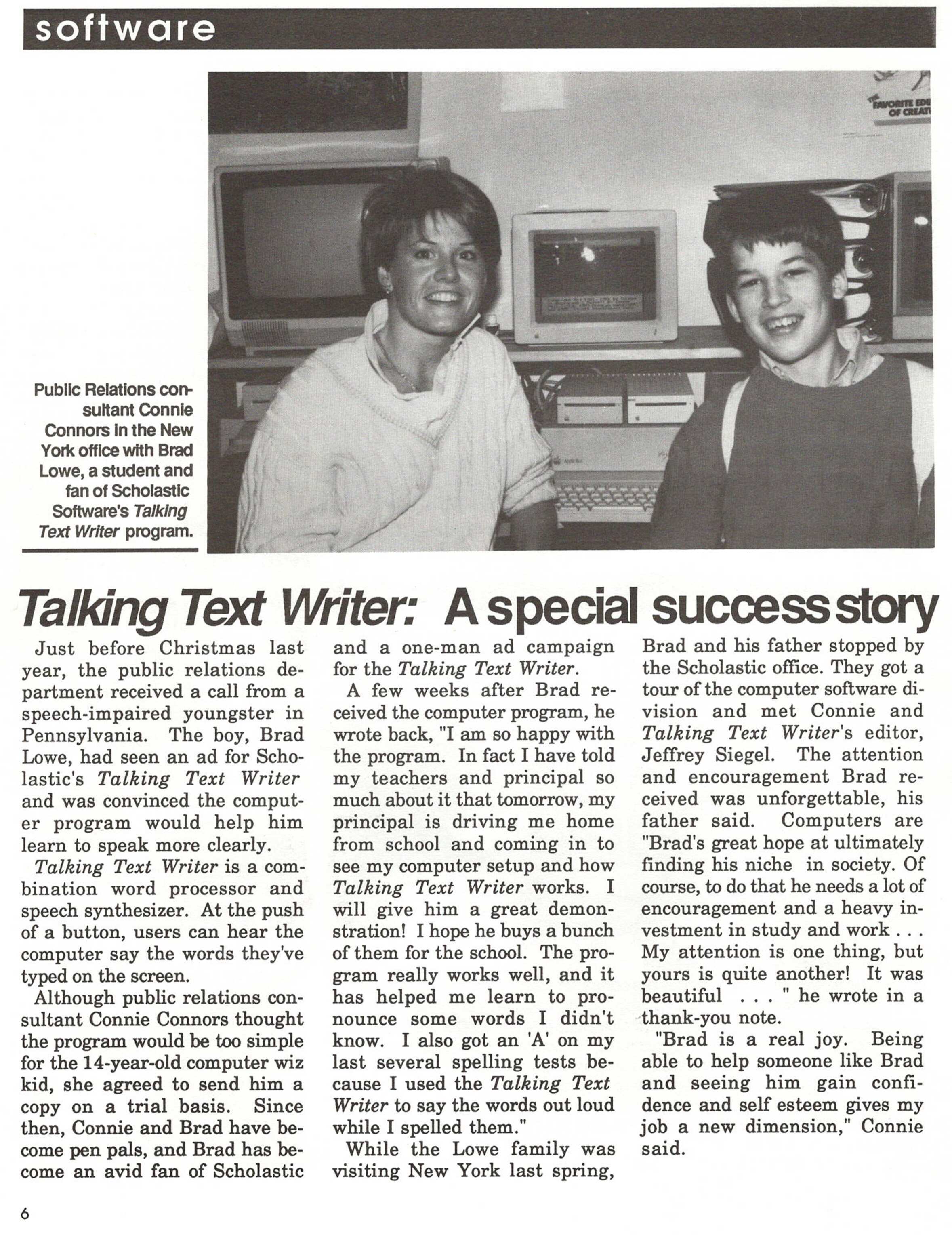 Vintage black and white photo of young Connie and Brad at computers