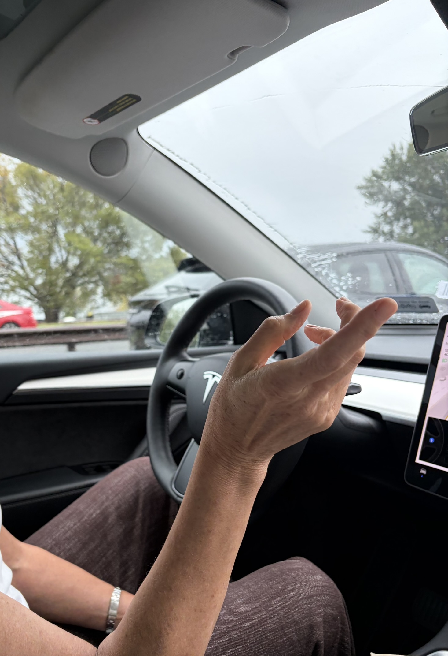 A hand raised in a wave from the passenger seat of a Tesla, the steering wheel empty, a navigation map on the screen