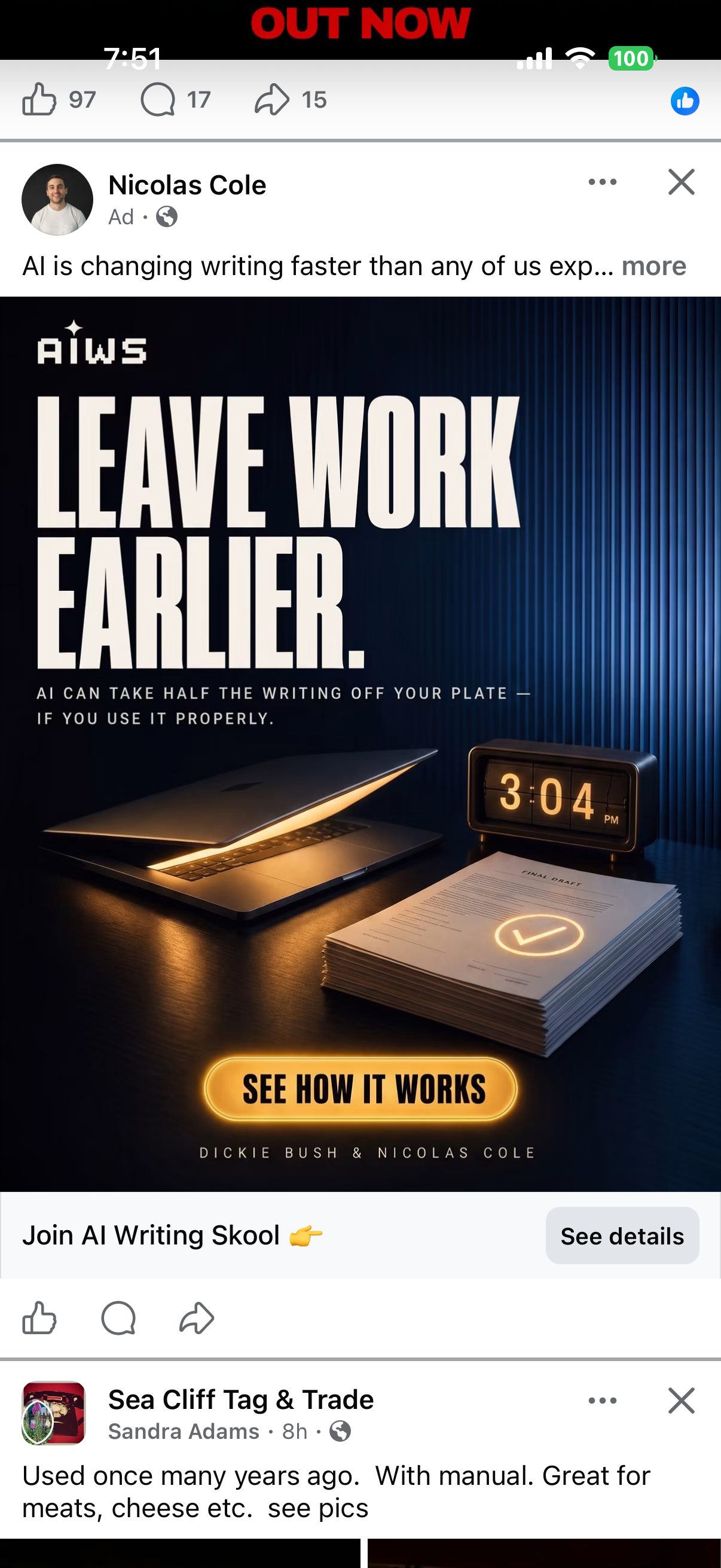AIWS ad reading Leave Work Earlier with a laptop and flip clock