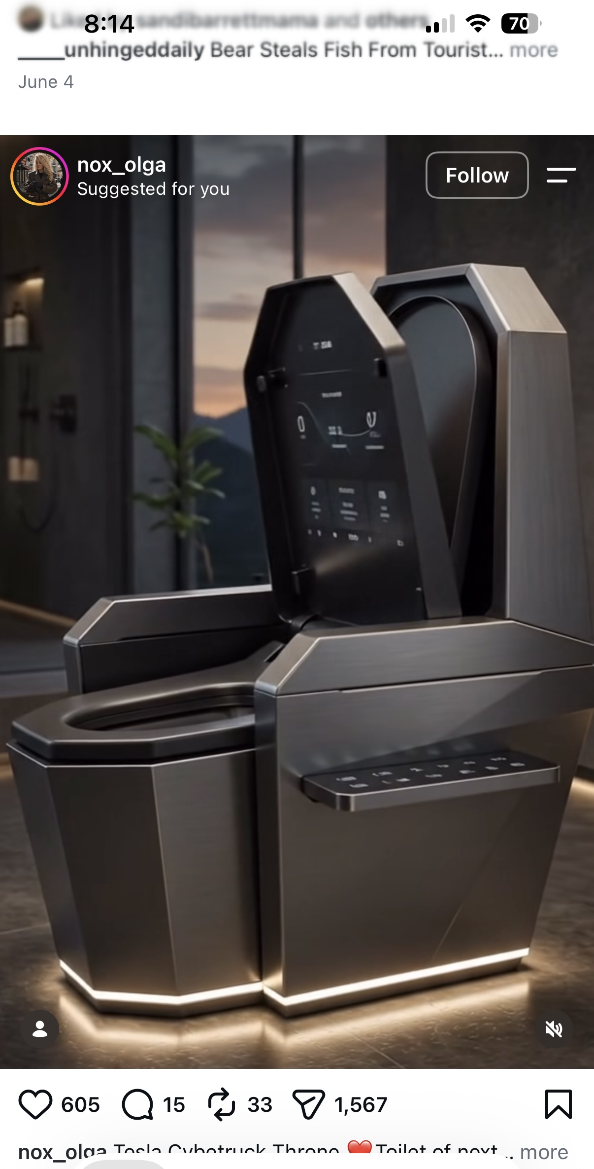 An angular metallic Cybertruck-style smart toilet with a display screen