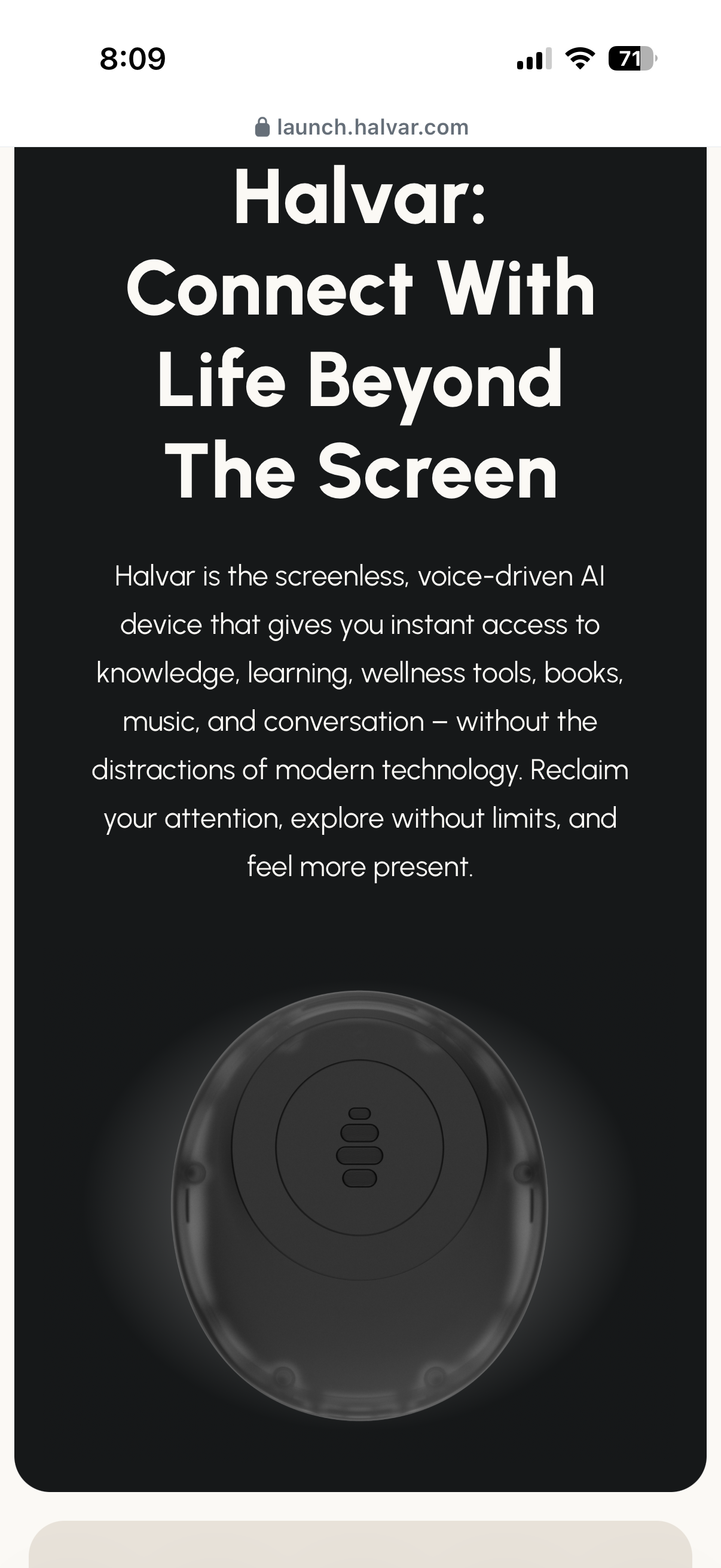 Halvar, a screenless voice-driven AI pebble device on a dark background