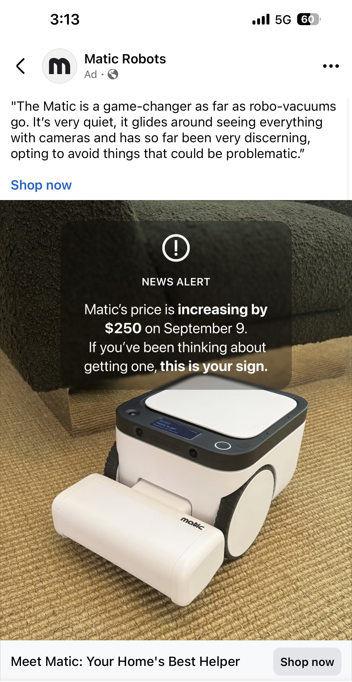 Matic Robots, a white camera-equipped robot vacuum on a rug