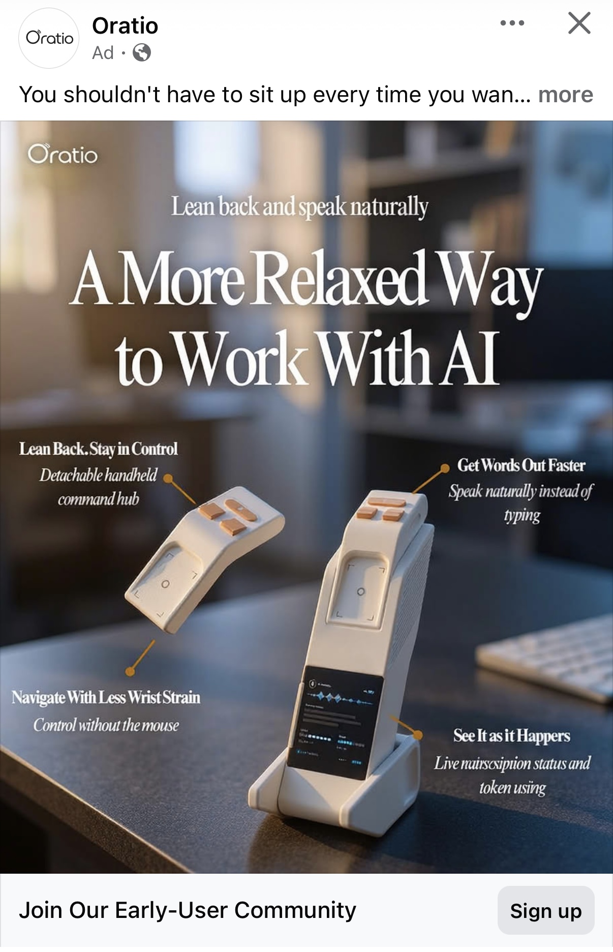 Oratio, a white handheld voice command hub sitting on a desk dock