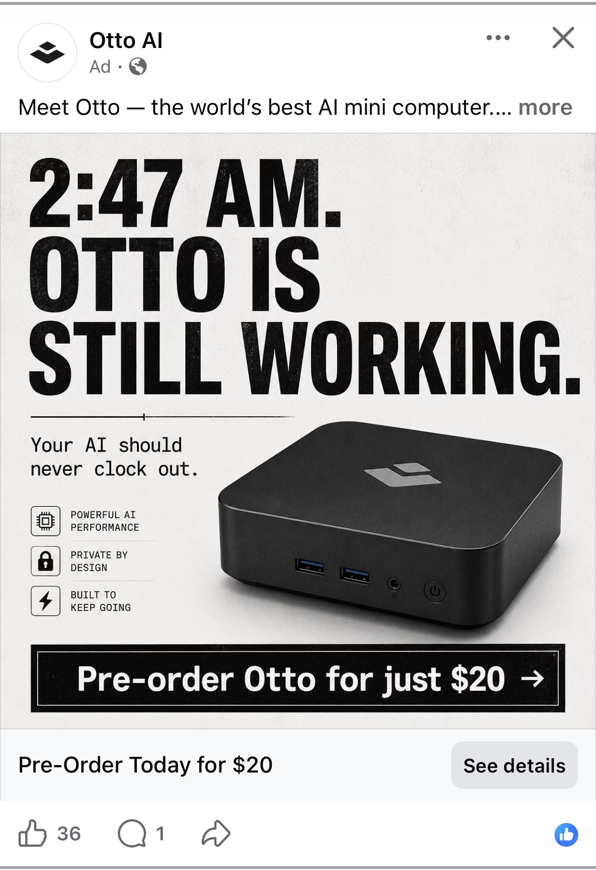 Otto AI, a small black AI mini computer box