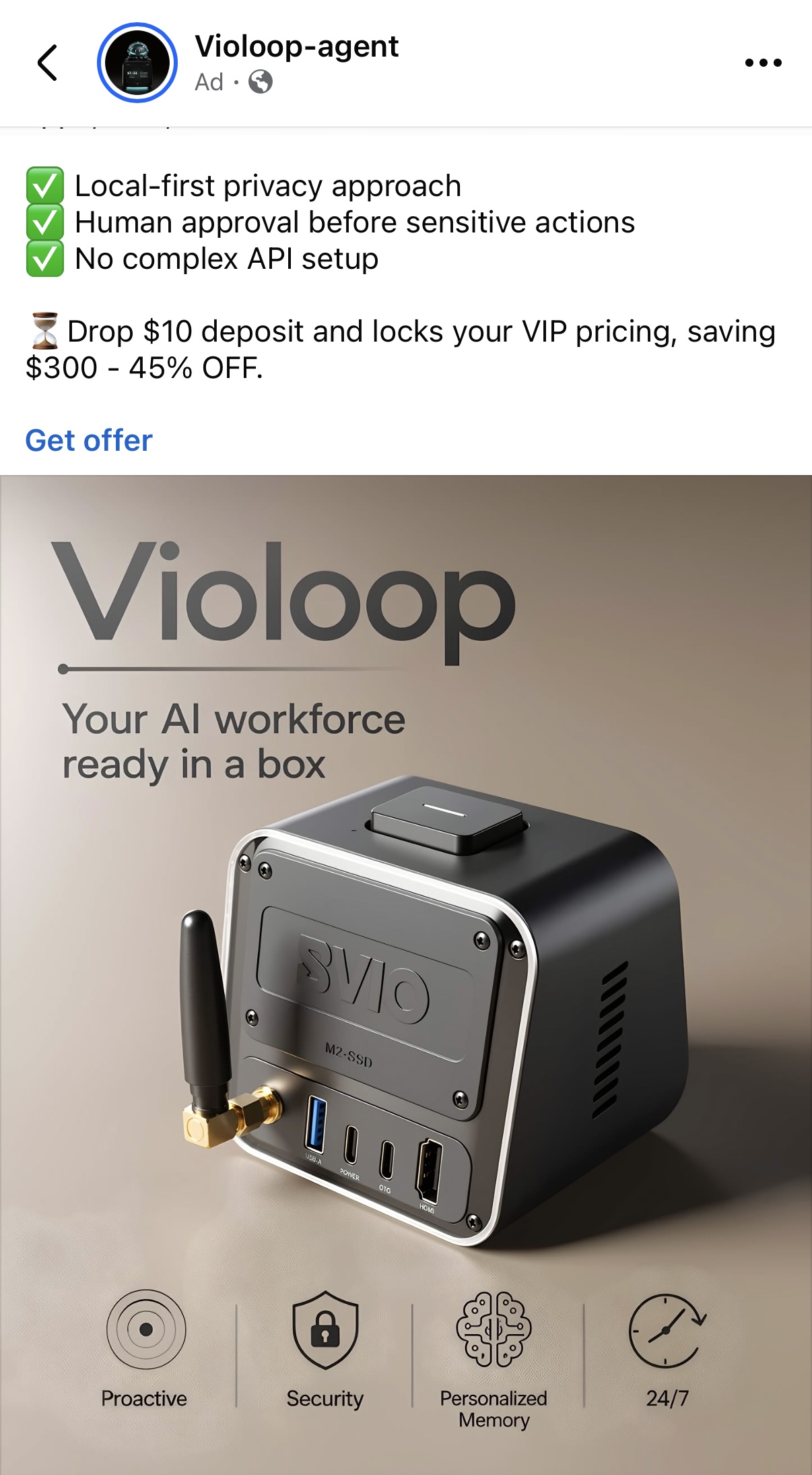 Violoop, a small black cube AI workforce device with antenna and ports