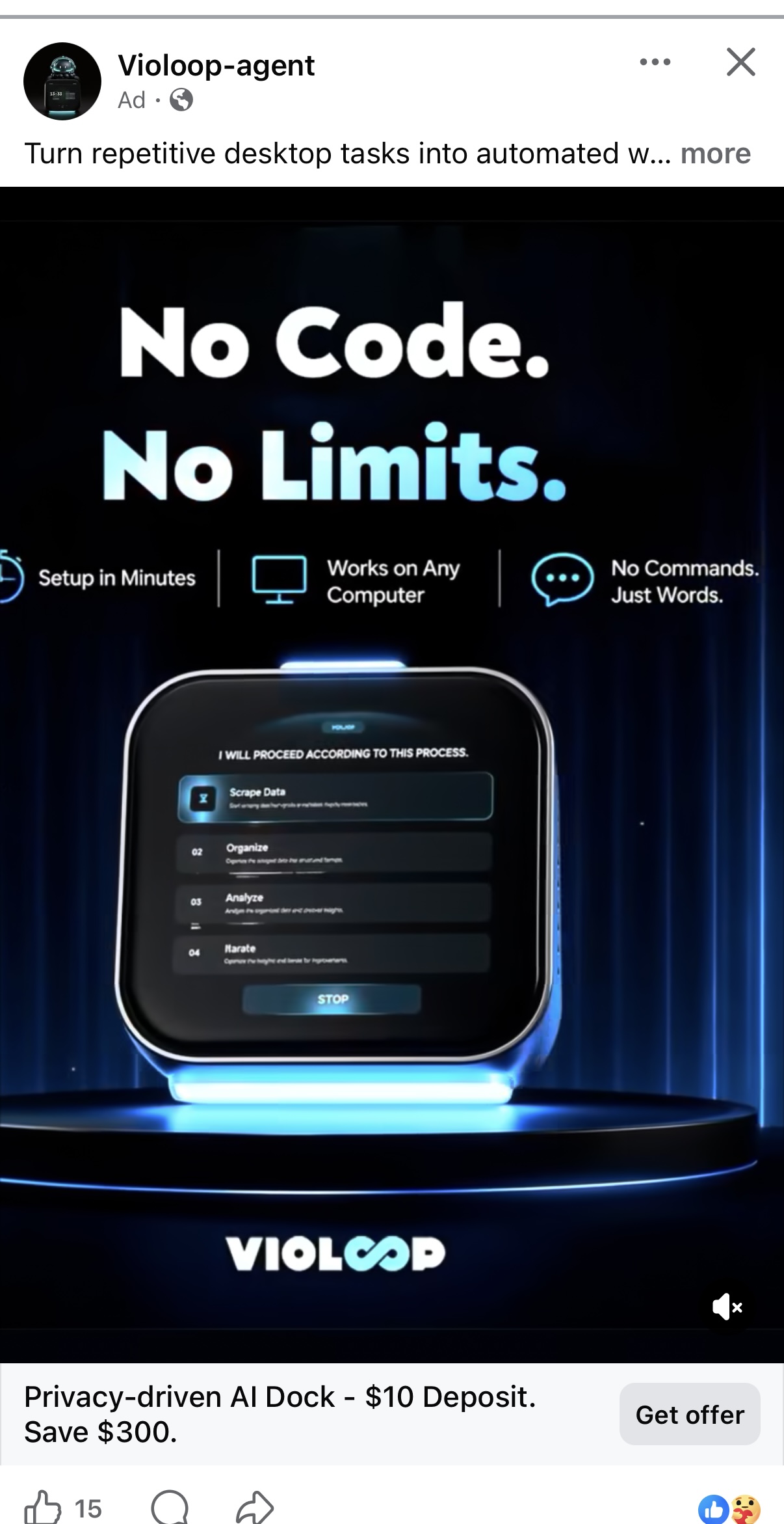 Violoop AI dock displaying an automated task process on a glowing pedestal