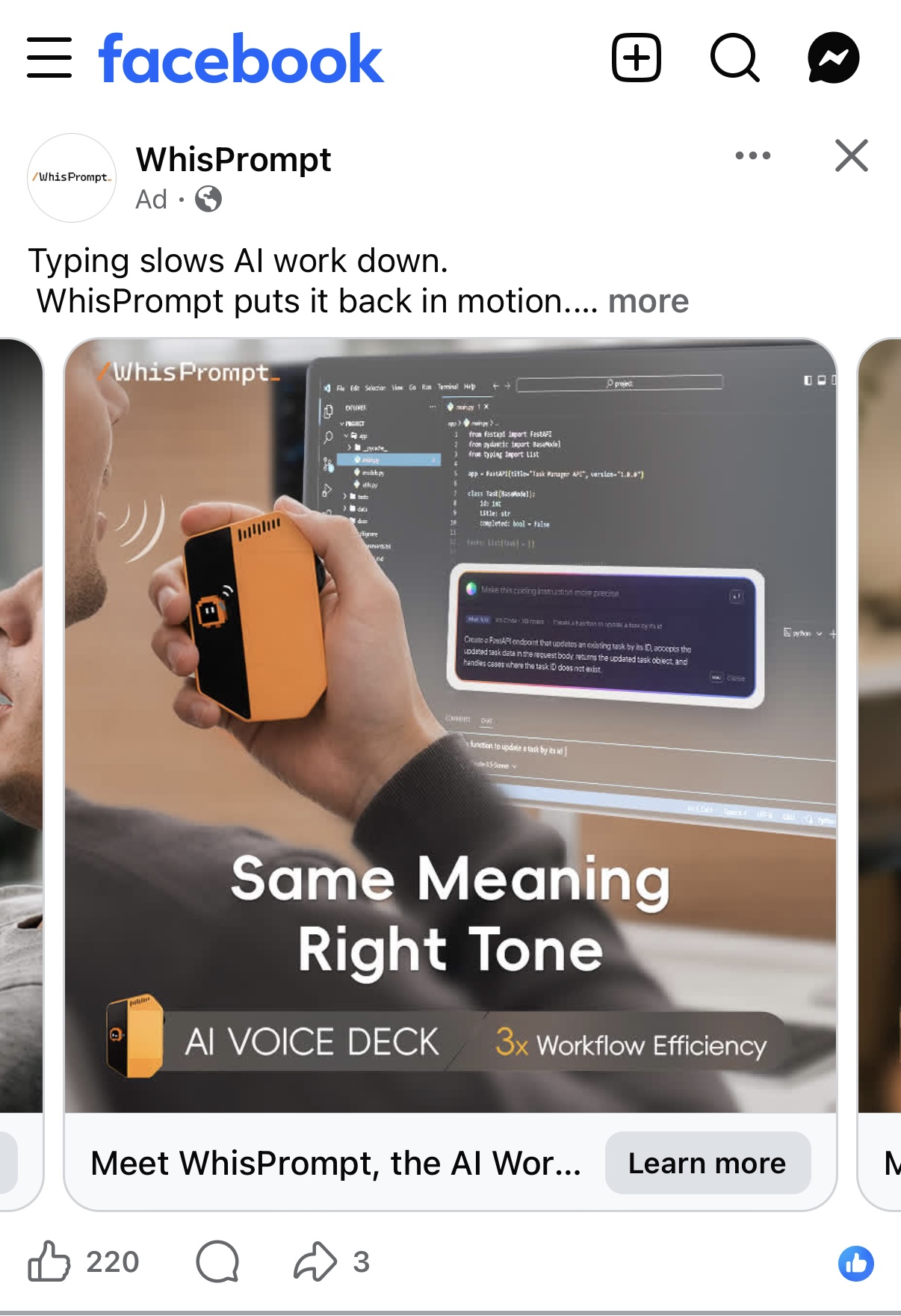 WhisPrompt, an orange and black handheld AI voice deck held in a hand