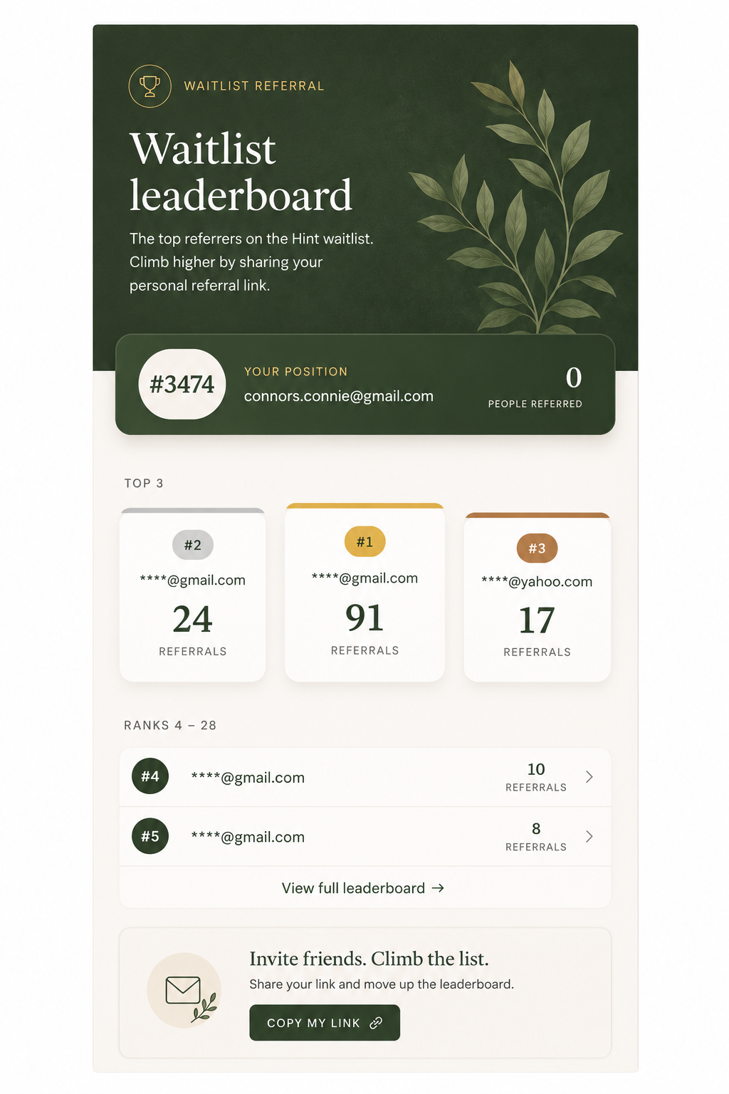 Hint waitlist leaderboard showing position number 3474