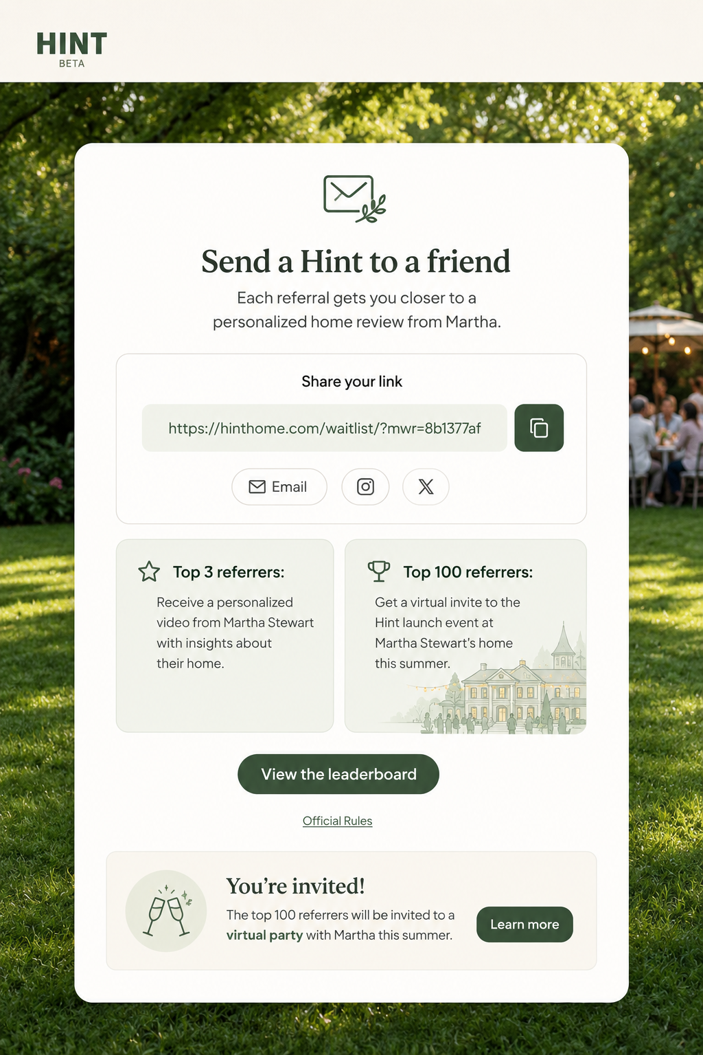 Hint referral screen offering a personalized home review from Martha Stewart