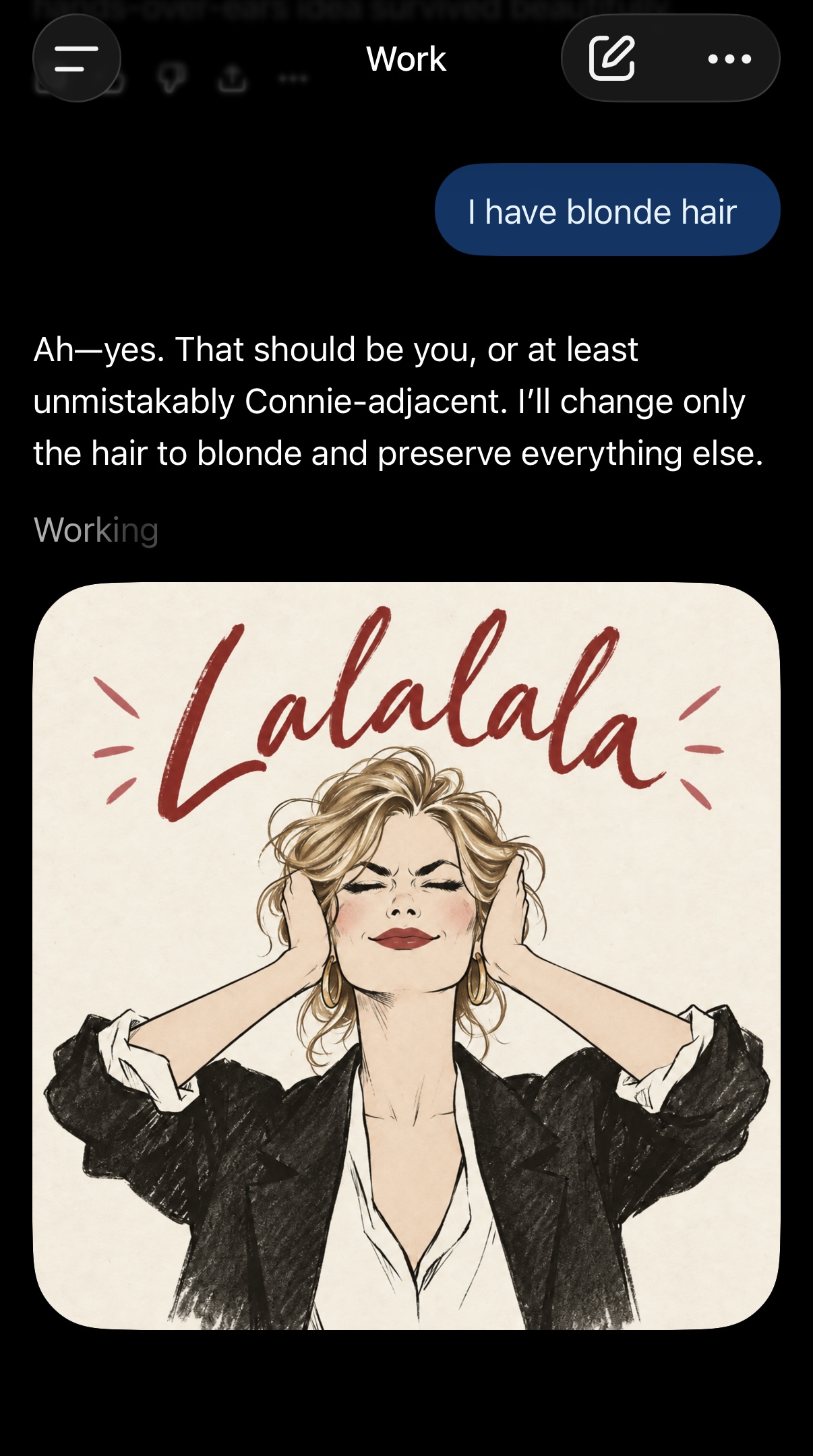 An illustrated portrait of a woman with blonde hair, hands over her ears, wearing a black blazer, with the word Lalalala in red script above her