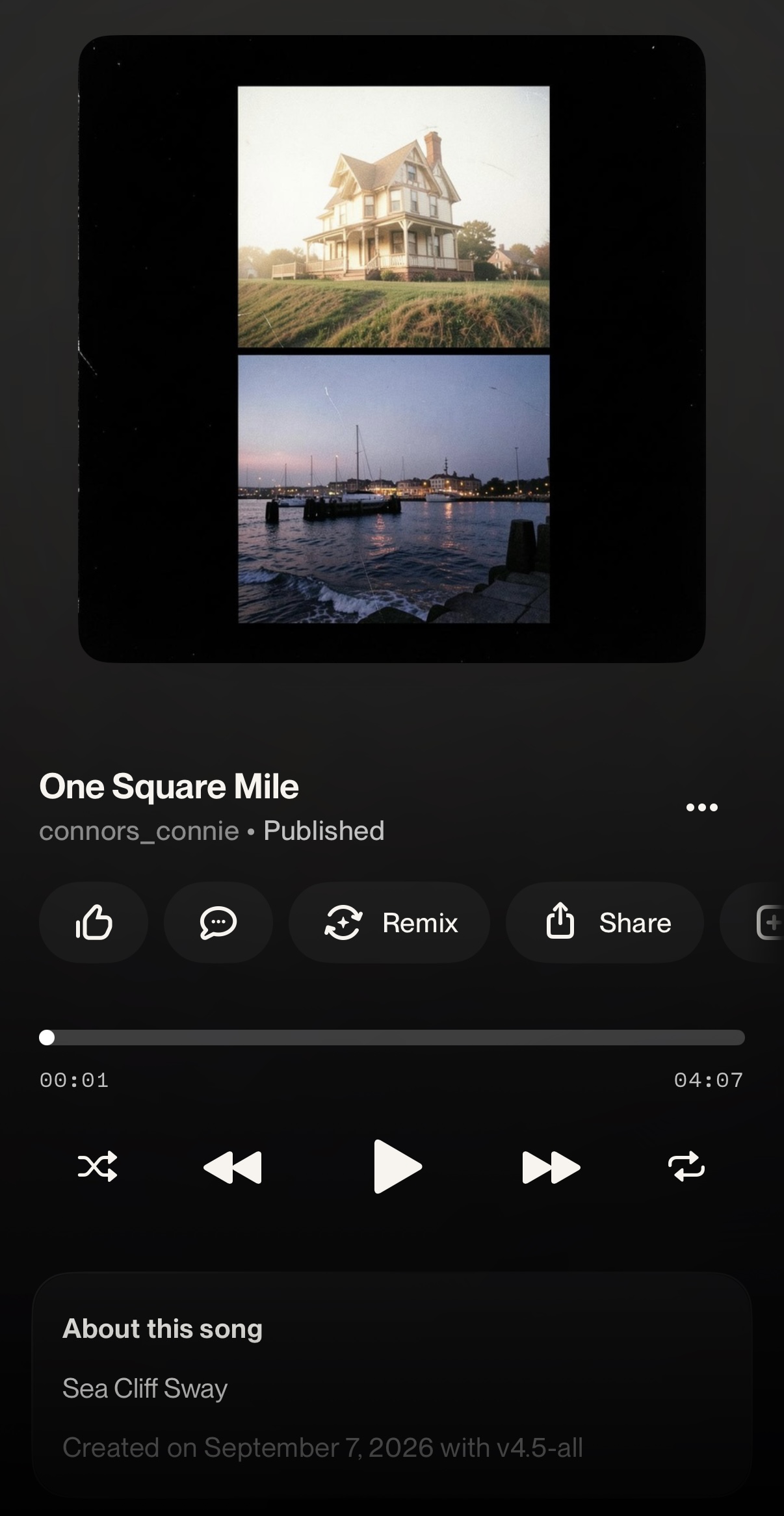 A Suno app screenshot of the song One Square Mile by connors_connie, published, with cover art of a Victorian house at sunset and a harbor at dusk