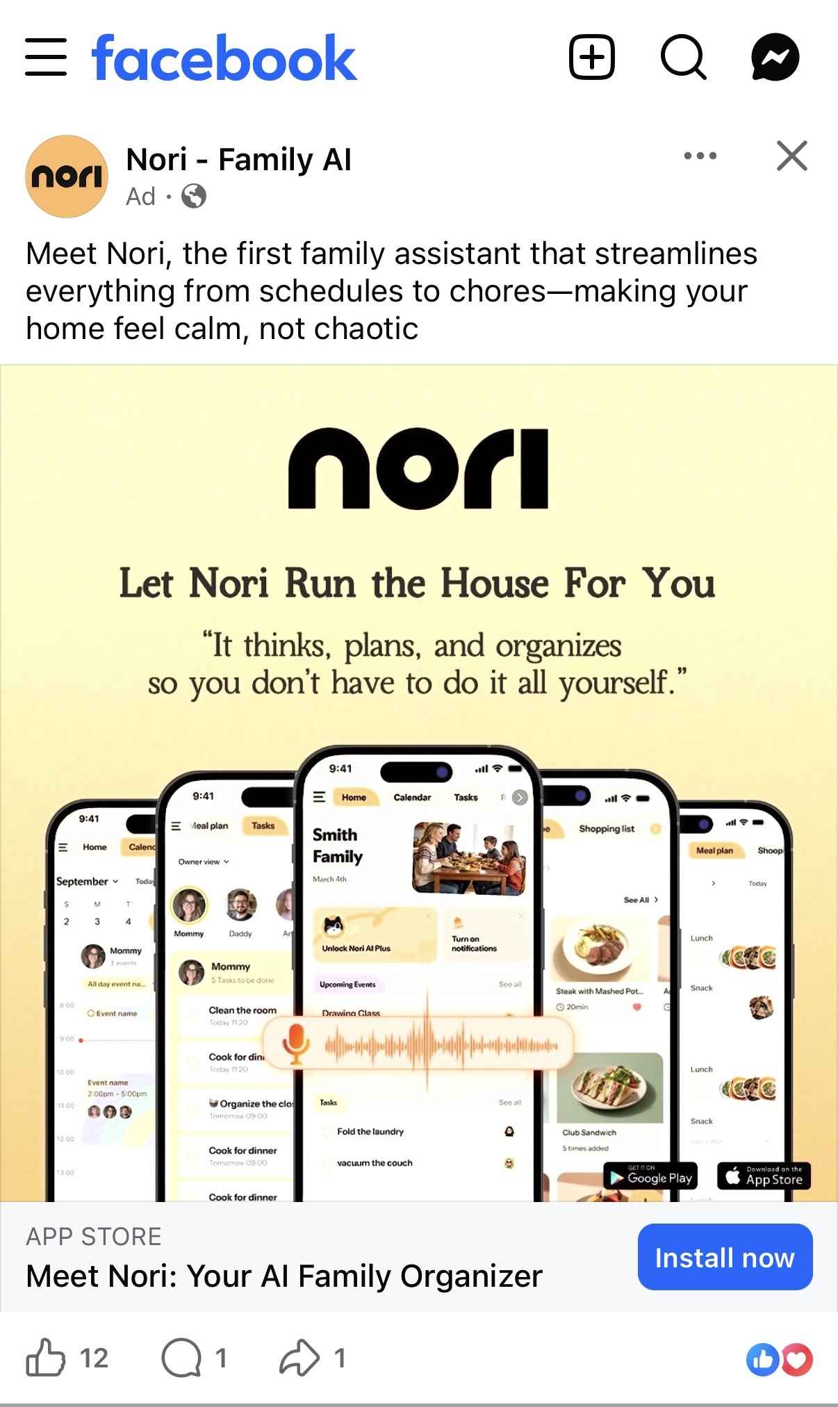 Nori family AI app interface showing home, calendar, and tasks