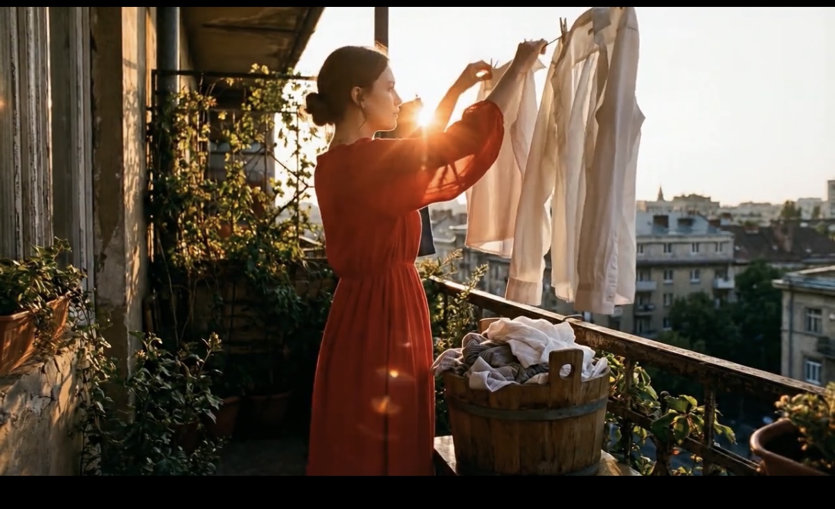 Woman in red dress hanging white linens on rooftop at golden hour