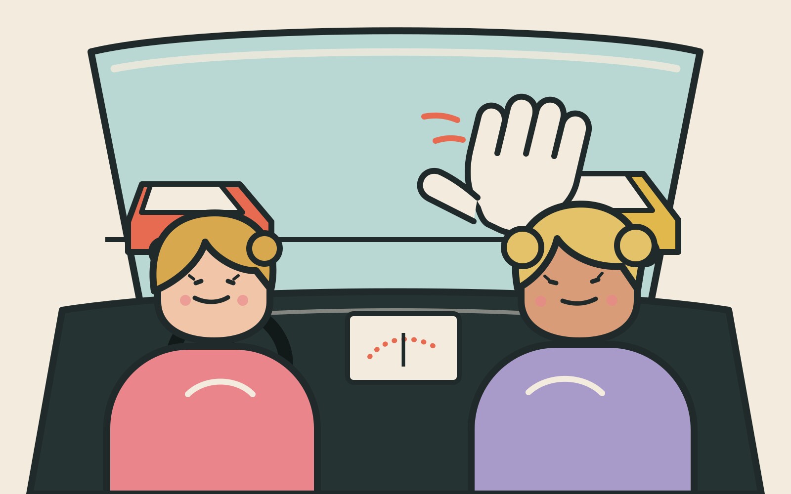 An illustration of two people in a driverless car, one waving through the windshield at traffic