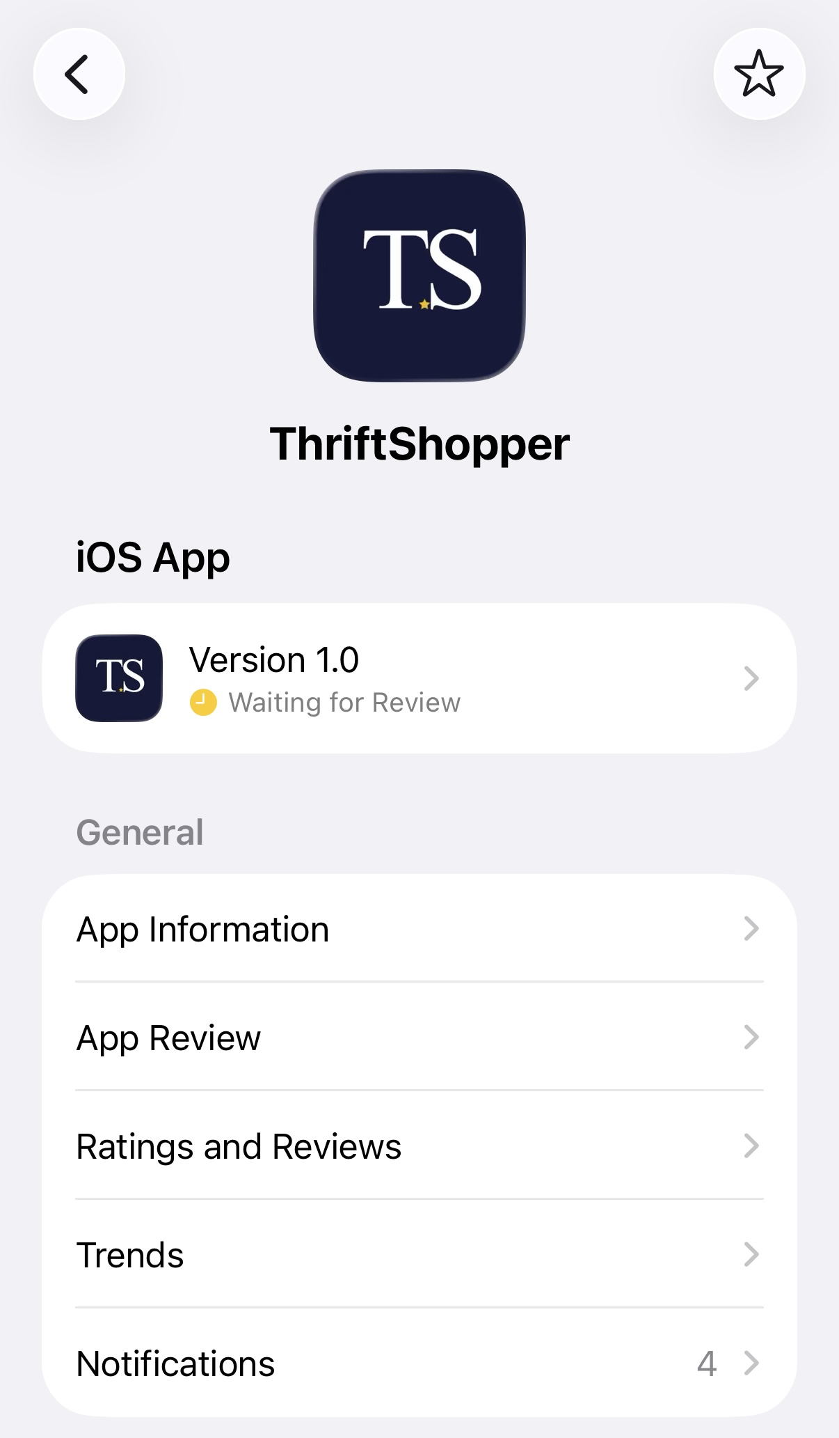 ThriftShopper app in App Store Connect, Version 1.0, Waiting for Review